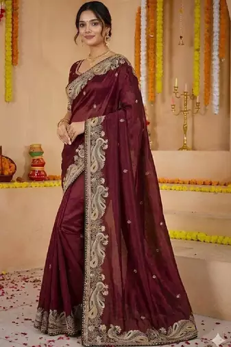 Paisley embroidered pure georgette kanjeevaram saree