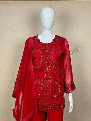 Red georgette embroidered kurta palazzo dupatta set 3