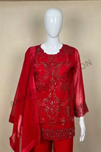Red georgette embroidered kurta palazzo dupatta set