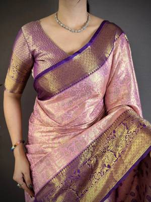 Floral zari silk blend kanjeevaram saree 4