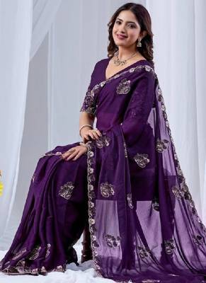 Ethnic motifs embroidered sequinned pure georgette ikat saree 1