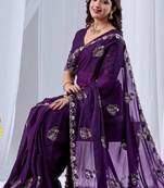 Ethnic motifs embroidered sequinned pure georgette ikat saree