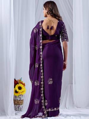 Ethnic motifs embroidered sequinned pure georgette ikat saree 2