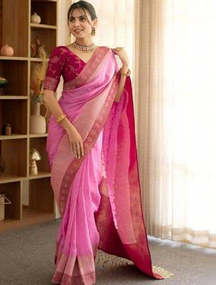 Woven design zari silk blend heavy work kanjeevaram saree 1