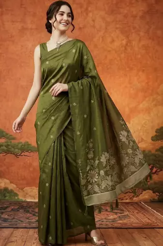 Floral embroidered pure cotton designer kanjeevaram saree