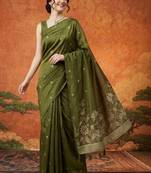 Floral embroidered pure cotton designer kanjeevaram saree
