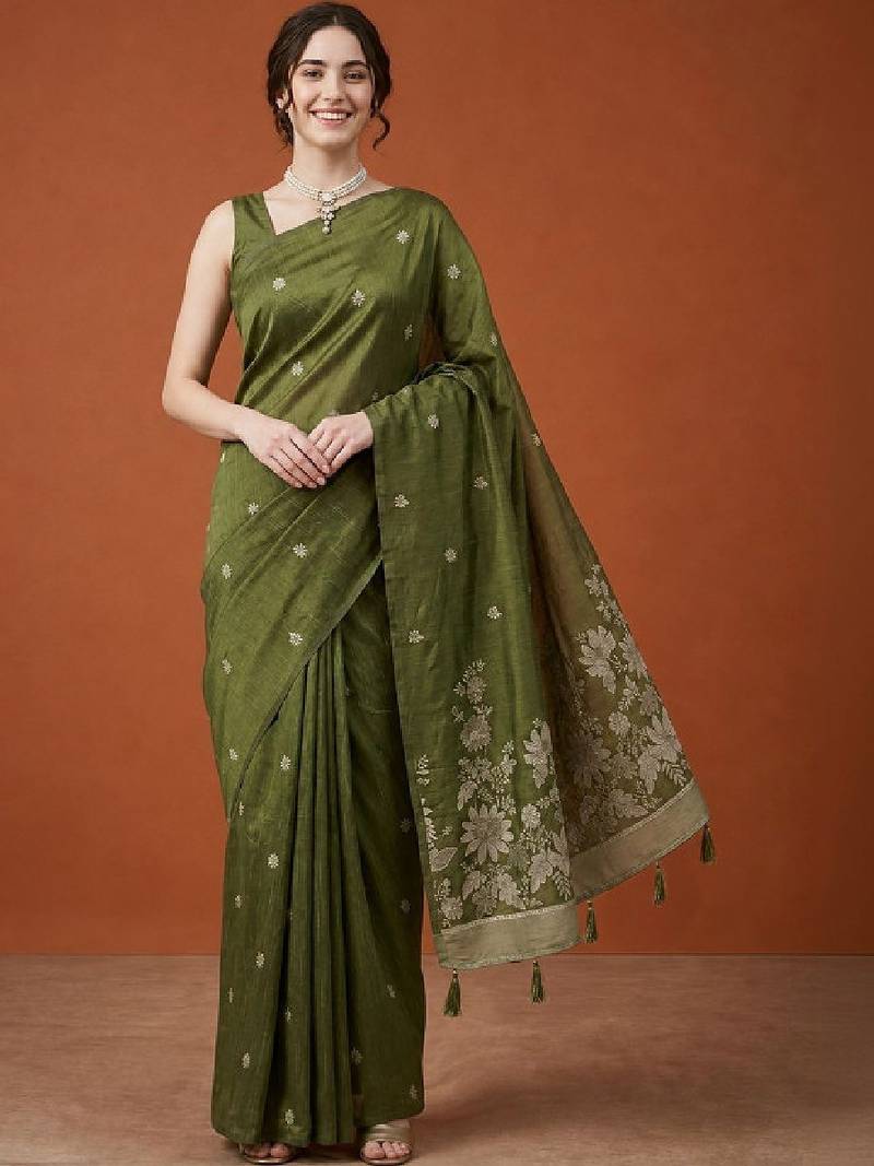 Floral embroidered pure cotton designer kanjeevaram saree