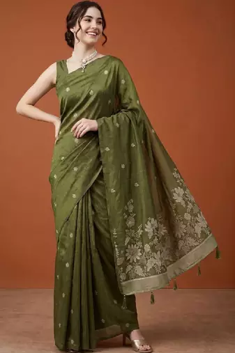 Floral embroidered pure cotton designer kanjeevaram saree