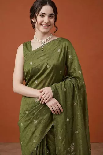 Floral embroidered pure cotton designer kanjeevaram saree