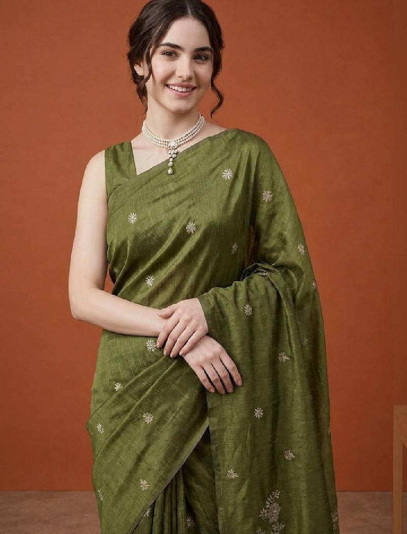 Floral embroidered pure cotton designer kanjeevaram saree