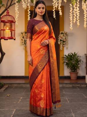 Woven design zari art silk kanjeevaram saree with blouse 1