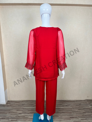 Red georgette embroidered kurta palazzo dupatta set 4
