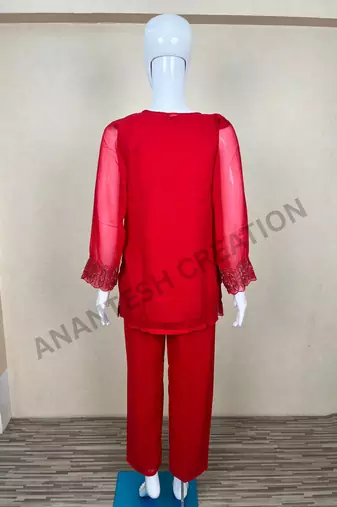 Red georgette embroidered kurta palazzo dupatta set