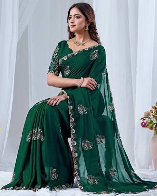 Floral embroidered pure georgette heavy work kanjeevaram saree 1