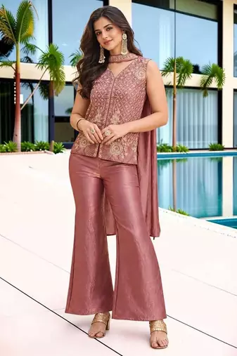 Dusty rose fendy satin embroidered kurta pant dupatta set