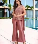 Dusty rose fendy satin embroidered kurta pant dupatta set