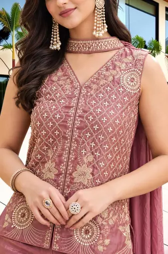 Dusty rose fendy satin embroidered kurta pant dupatta set