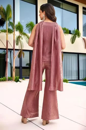 Dusty rose fendy satin embroidered kurta pant dupatta set