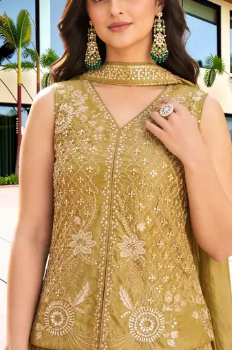 Antique gold fendy satin embroidered kurta pant dupatta set