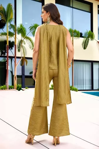 Antique gold fendy satin embroidered kurta pant dupatta set