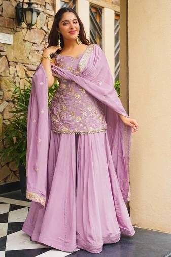 Lavender kajo silk embroidered top palazzo dupatta set