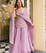Lavender kajo silk embroidered top palazzo dupatta set