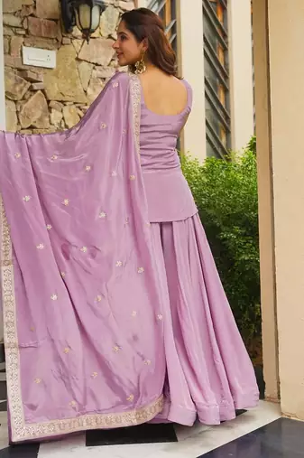 Lavender kajo silk embroidered top palazzo dupatta set