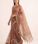 Floral embroidered silk blend designer kanjeevaram saree
