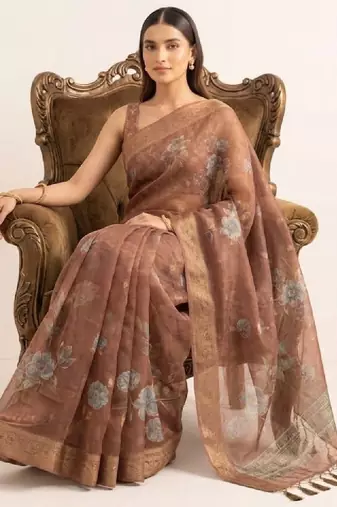 Floral embroidered silk blend designer kanjeevaram saree