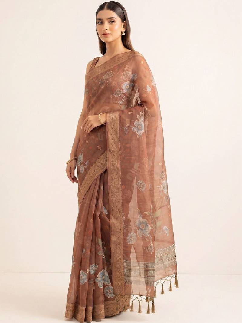 Floral embroidered silk blend designer kanjeevaram saree