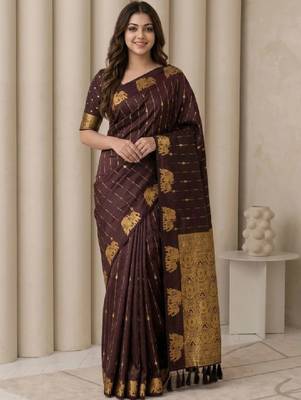 Ethnic motifs zari silk blend heavy work kanjeevaram saree 1