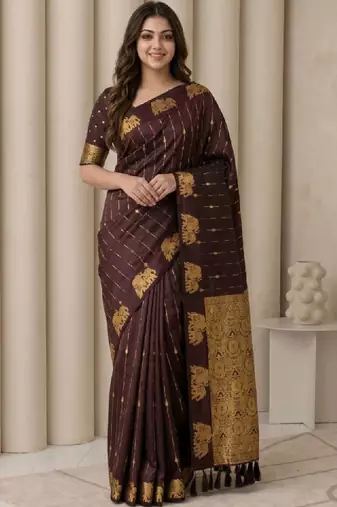 Ethnic motifs zari silk blend heavy work kanjeevaram saree