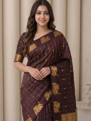 Ethnic motifs zari silk blend heavy work kanjeevaram saree 4