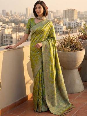Women green banarasi jacquard zari weaving tassel pallu sarees 1