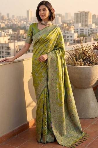 Women green banarasi jacquard zari weaving tassel pallu sarees