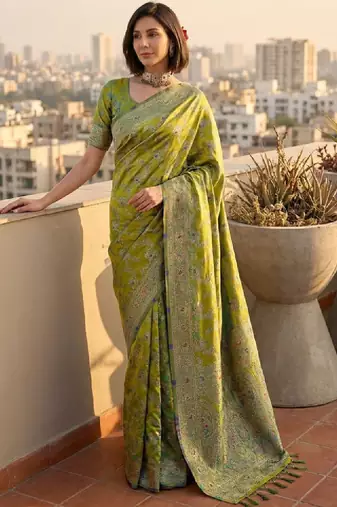 Women green banarasi jacquard zari weaving tassel pallu sarees