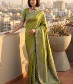Women green banarasi jacquard zari weaving tassel pallu sarees