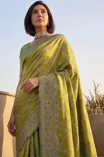 Women green banarasi jacquard zari weaving tassel pallu sarees