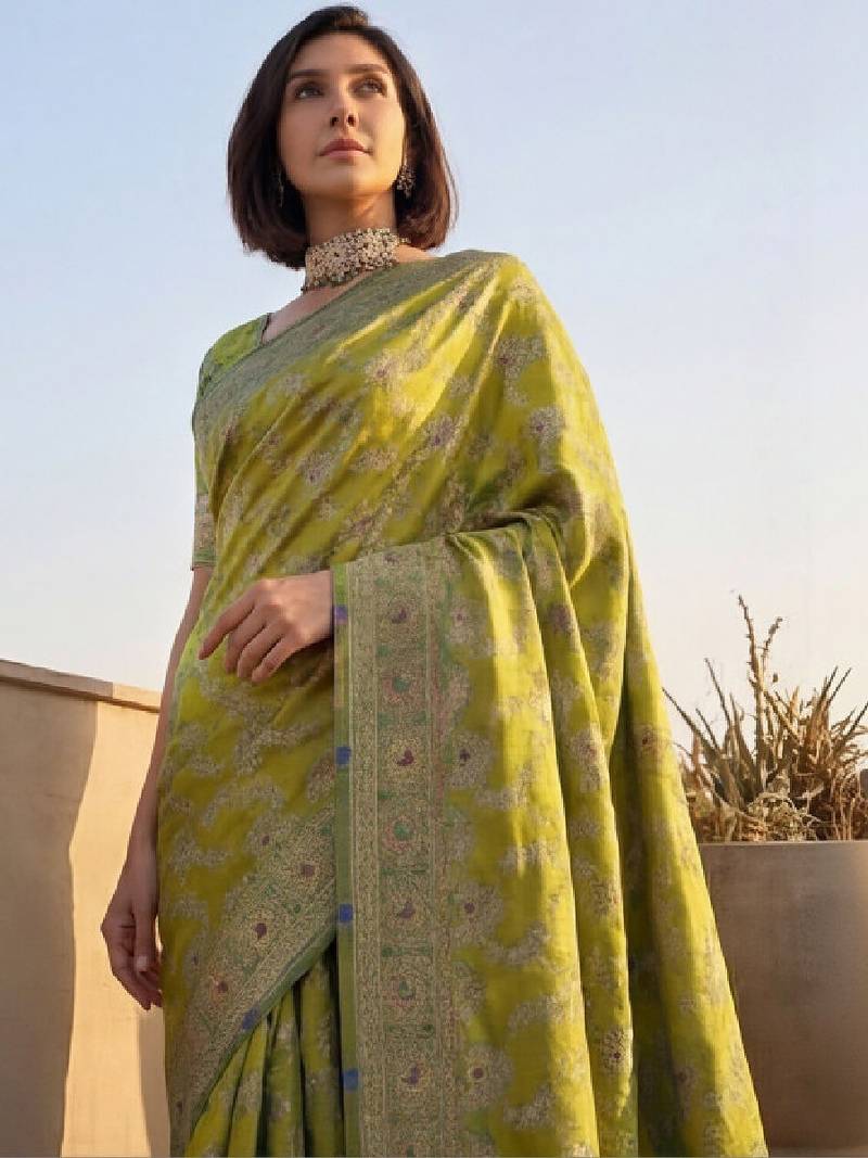 Women green banarasi jacquard zari weaving tassel pallu sarees