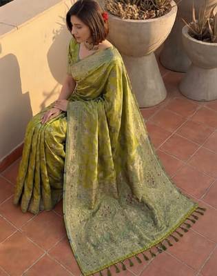 Women green banarasi jacquard zari weaving tassel pallu sarees 3