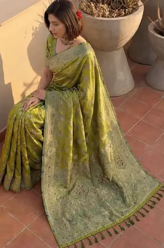 Women green banarasi jacquard zari weaving tassel pallu sarees