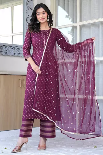 Burgundy floral printed viscose rayon kurta set for women