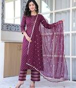 Burgundy floral printed viscose rayon kurta set for women