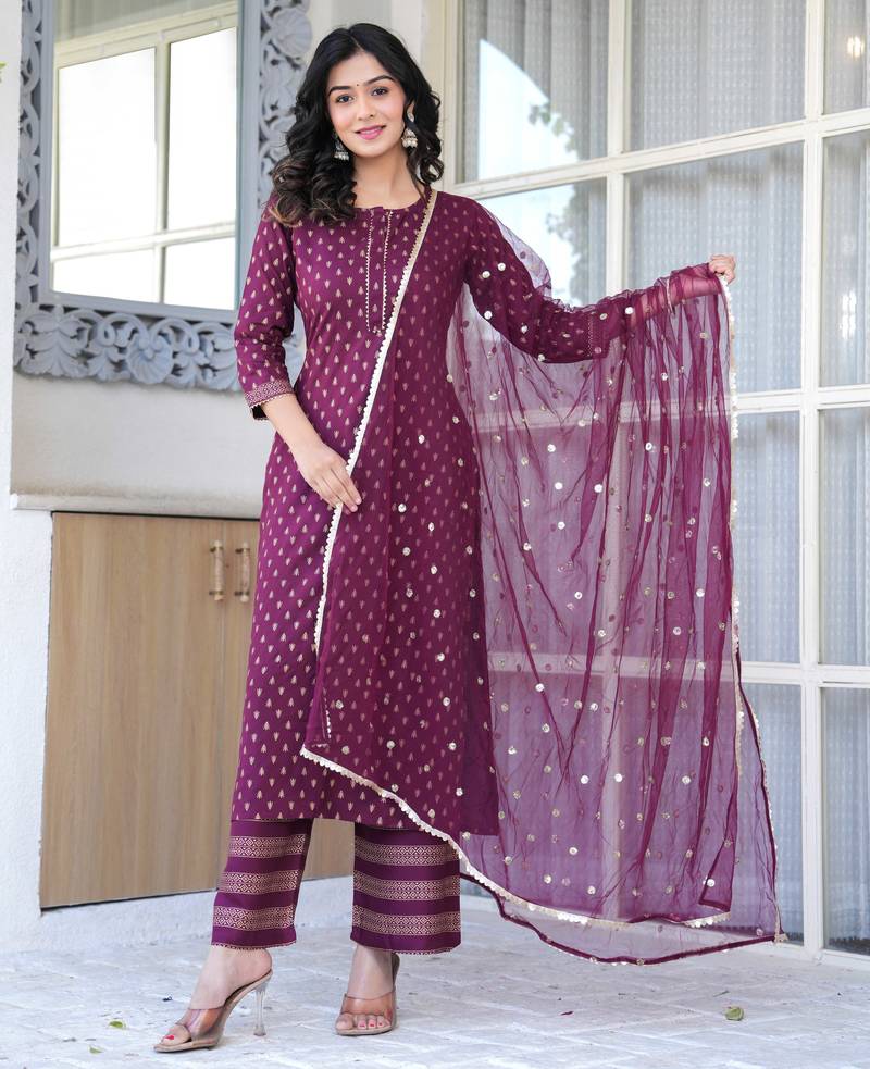 Burgundy floral printed viscose rayon kurta set for women