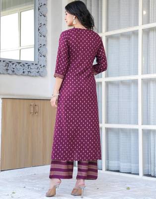 Burgundy floral printed viscose rayon kurta set for women 2