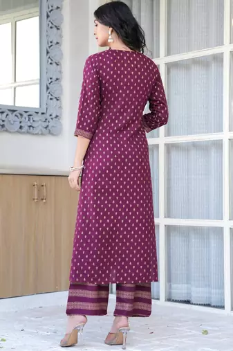 Burgundy floral printed viscose rayon kurta set for women