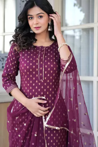 Burgundy floral printed viscose rayon kurta set for women
