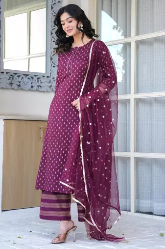 Burgundy floral printed viscose rayon kurta set for women