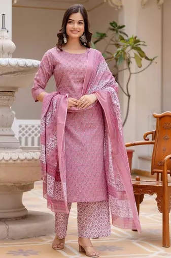 Pink floral printed pure cotton kurta set for women