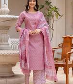Pink floral printed pure cotton kurta set for women